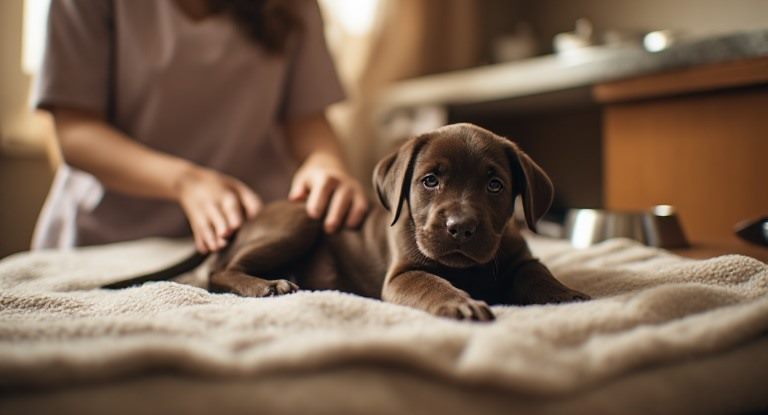 Pui de labrador ciocolatiu îngrijit acasă în primele luni de viață