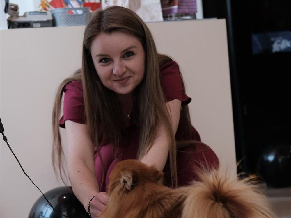 Medic veterinar alături de un câine Pomeranian la cabinetul LauraVet